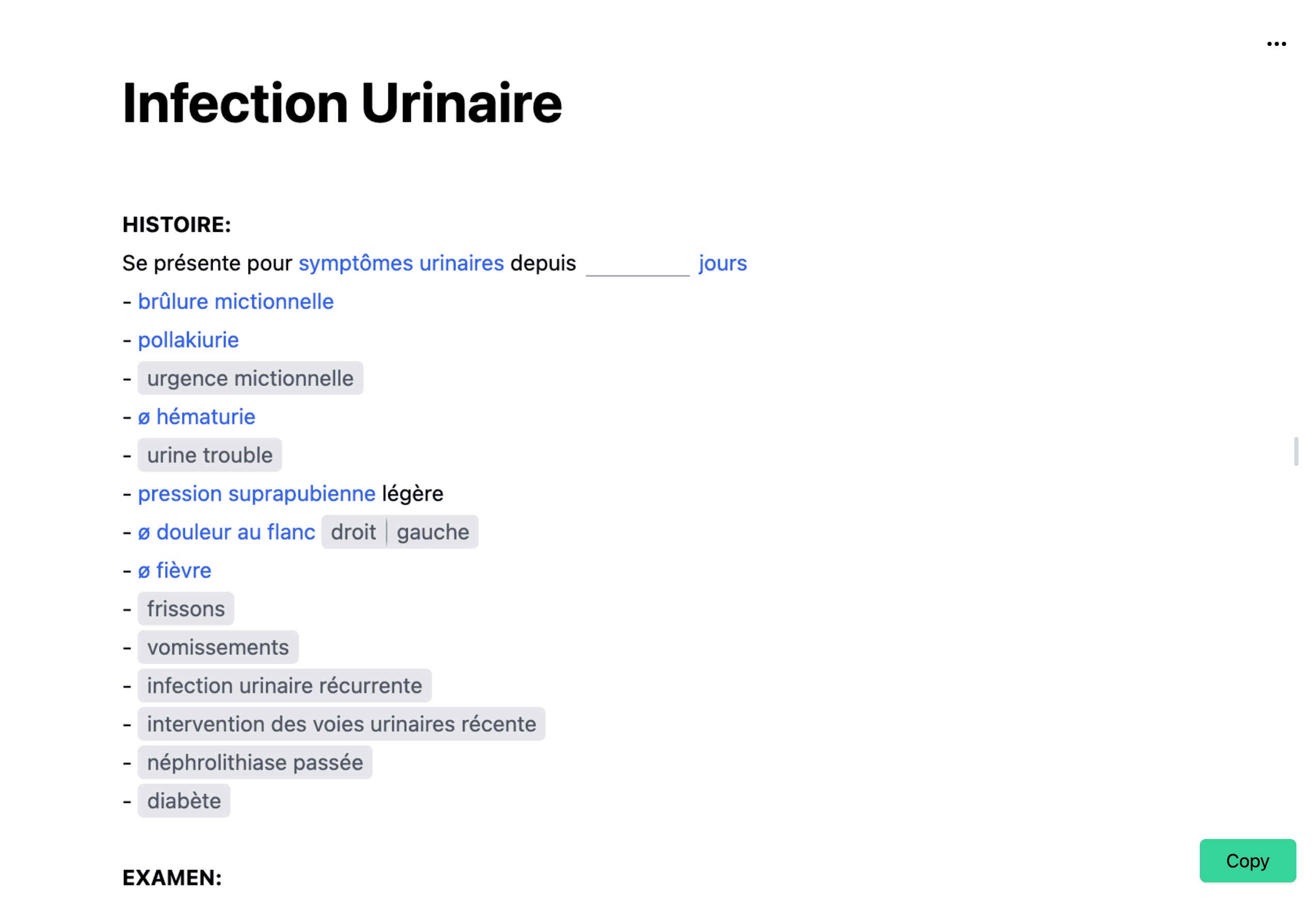 Gabarit de infection urinaire dans l'application de bureau Dilato