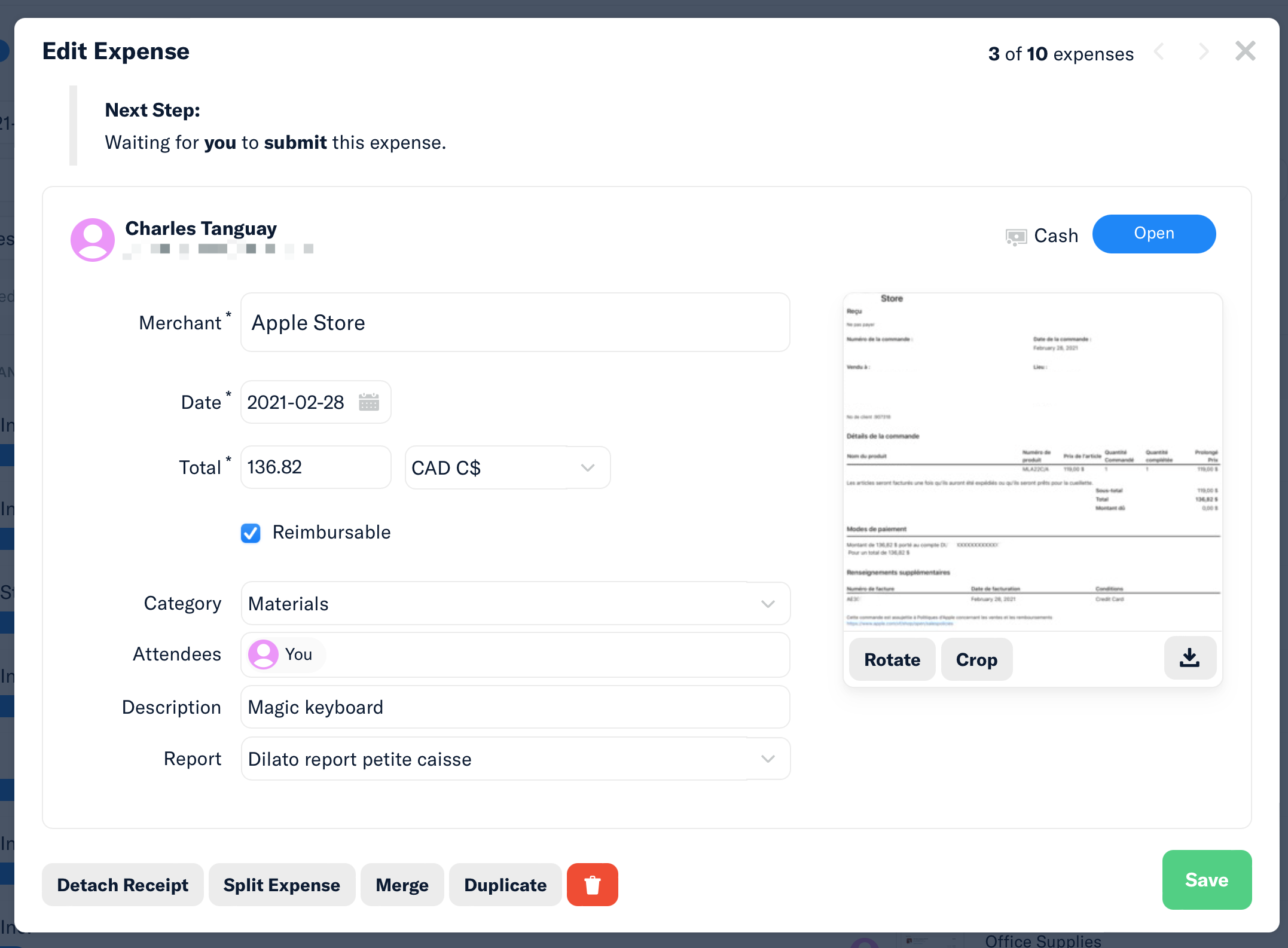 Capture d'écran de dépense dans Expensify